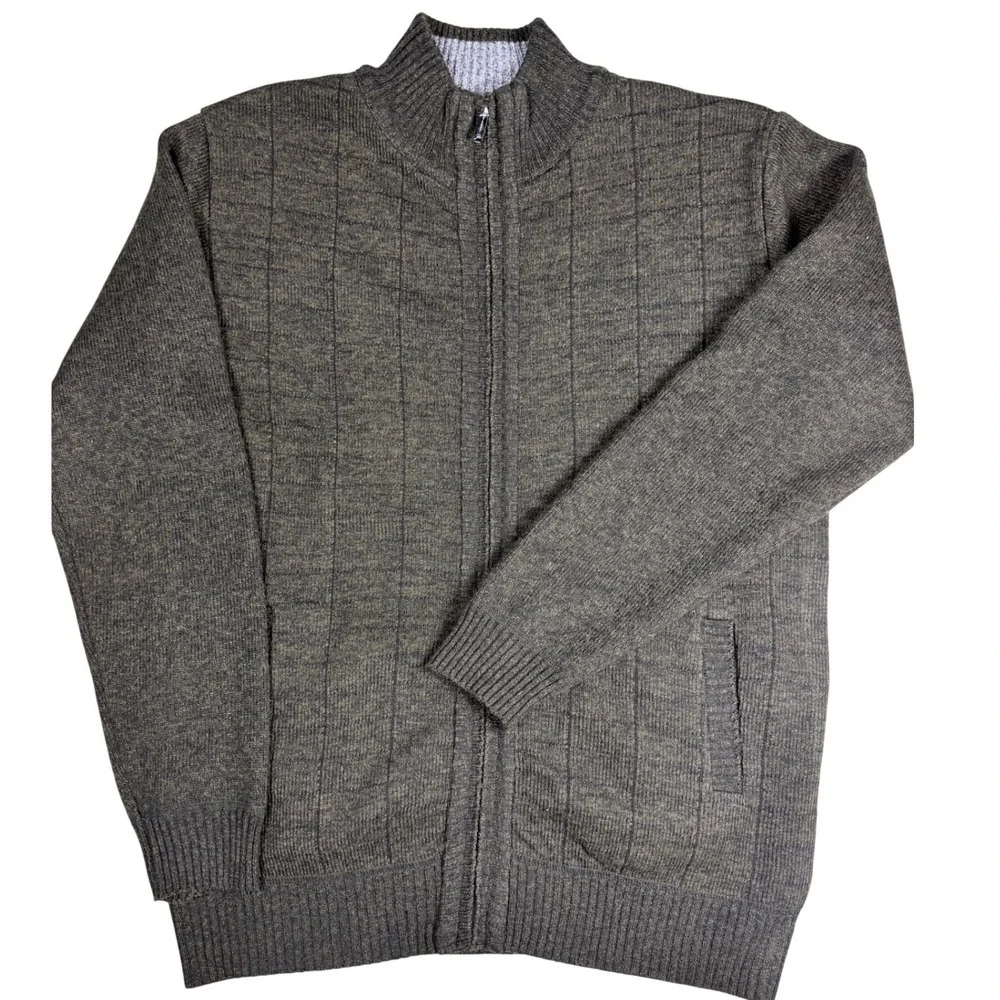 Gioberti Mens Full Zip Fleece Lined Cardigan Sweater Olive Green Windowpane L